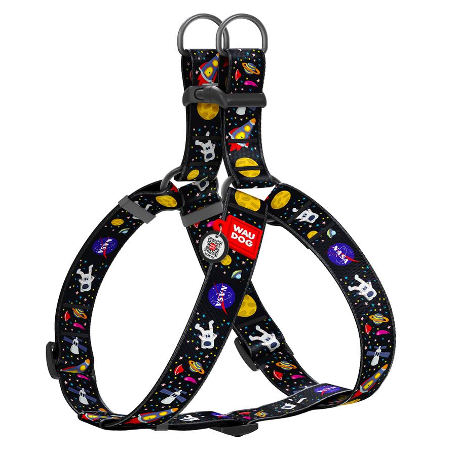 Шлея для собак WAUDOG Nylon з QR паспортом, малюнок "NASA", пластиковий фастекс, XL, Ш 35 мм, А=В 70-100 см