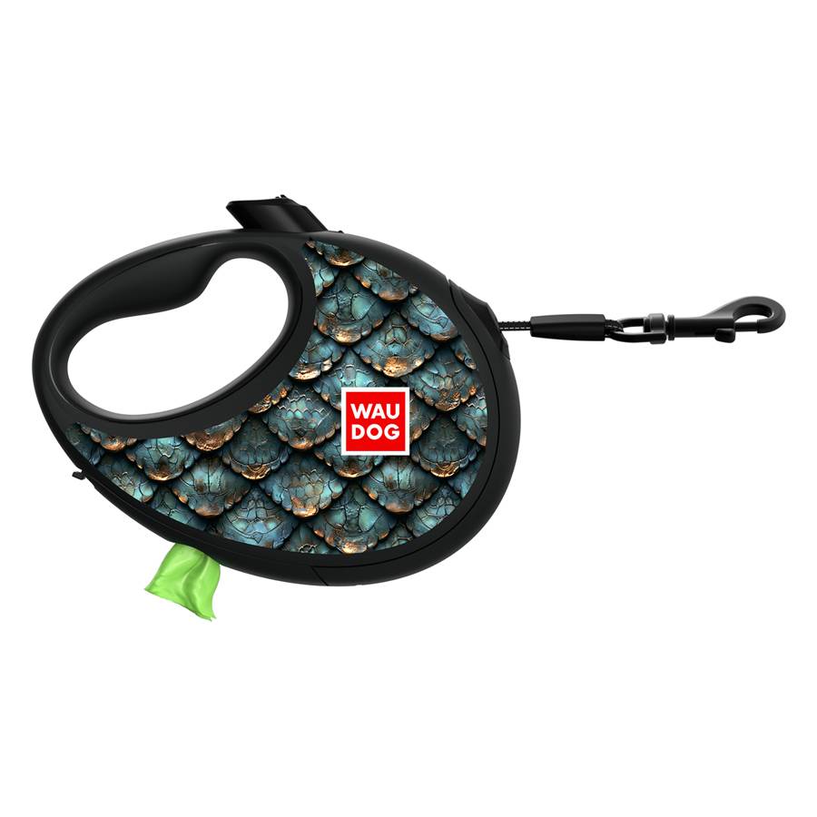 Повідець-рулетка для собак WAUDOG R-leash з контейнером для пакетів, малюнок "Луска", світловідбивна стрічка, L, до 40 кг, 5 м