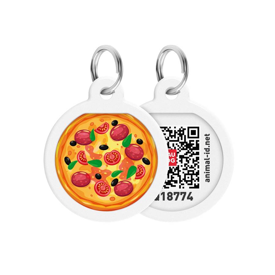 Адресник для собак і котів металевий WAUDOG Smart ID з QR паспортом, малюнок "Піца", коло, Д 25 мм