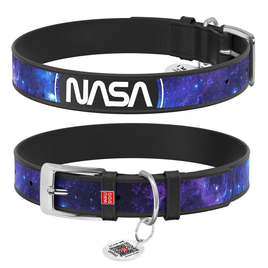 Нашийник для собак шкіряний WAUDOG Design з QR паспортом, малюнок "NASA21", XL, Ш 35 мм, Д 46-59 см, чорний