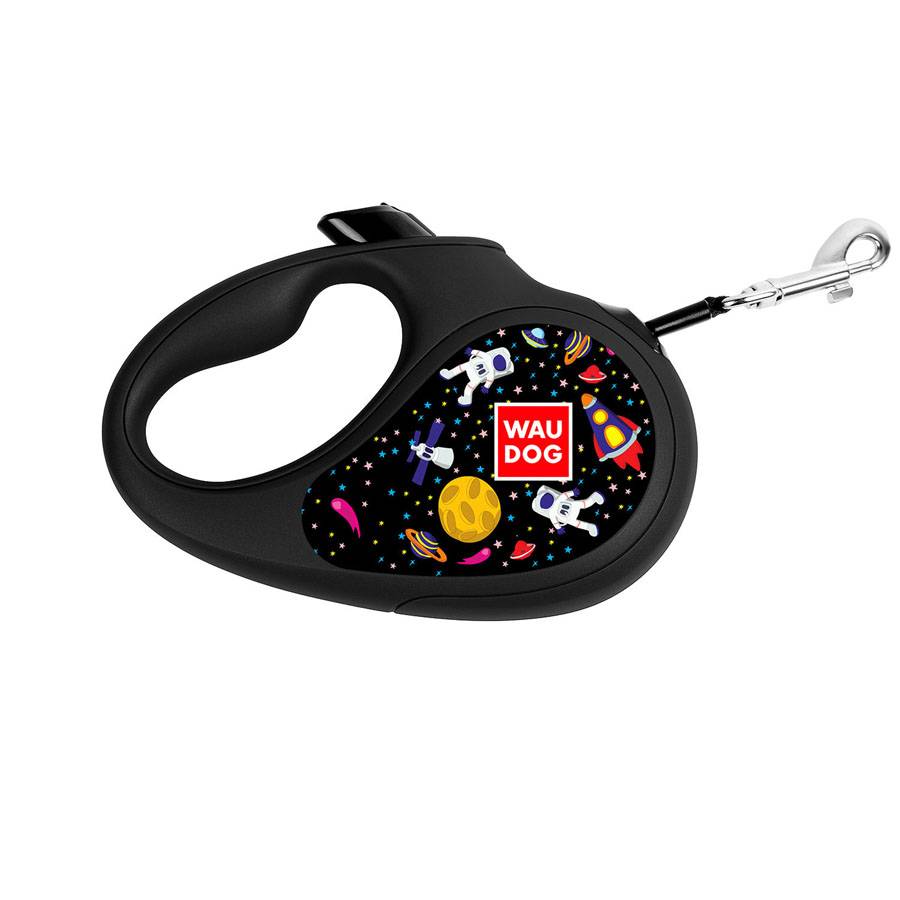 Повідець-рулетка для собак WAUDOG R-leash, малюнок "NASA", L, до 50 кг, 5 м, світловідбиваюча стрічка чорний