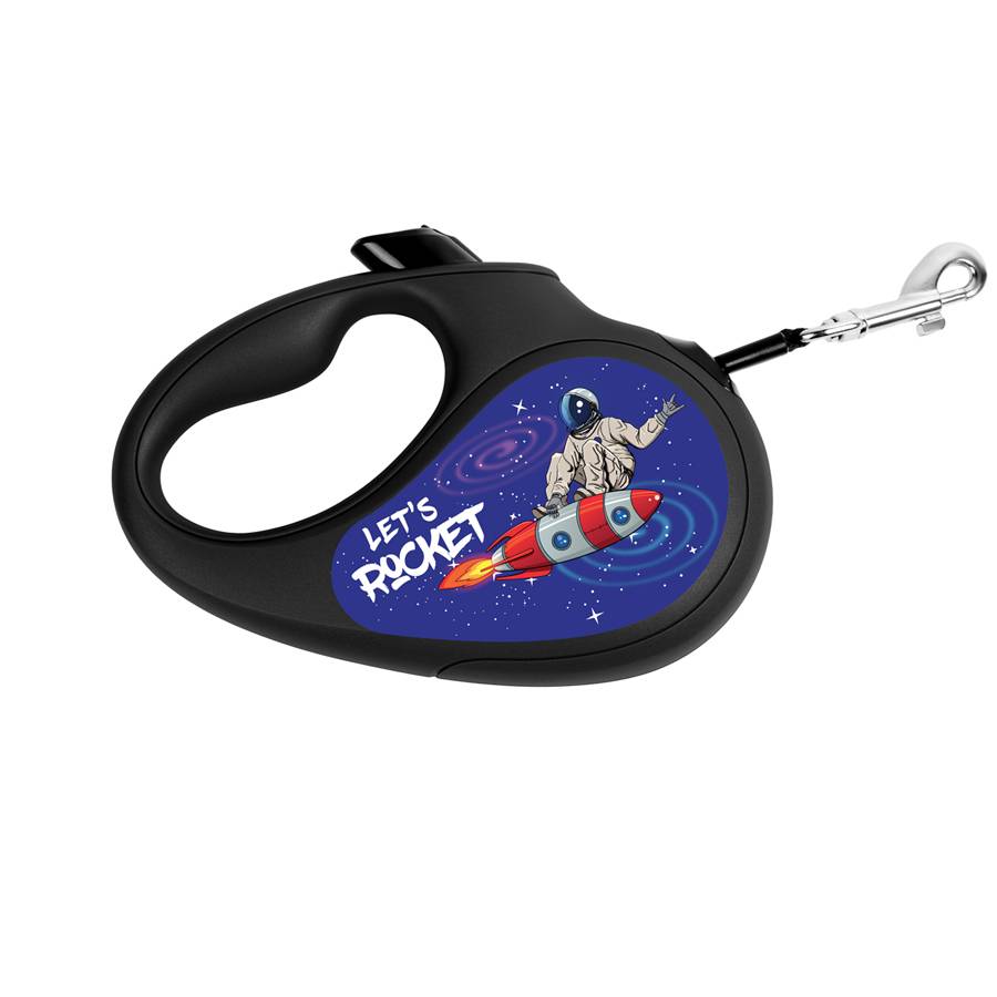 Повідець-рулетка для собак WAUDOG R-leash, малюнок "Ракета", світловідбиваюча стрічка, L, до 50 кг, 5 м чорний