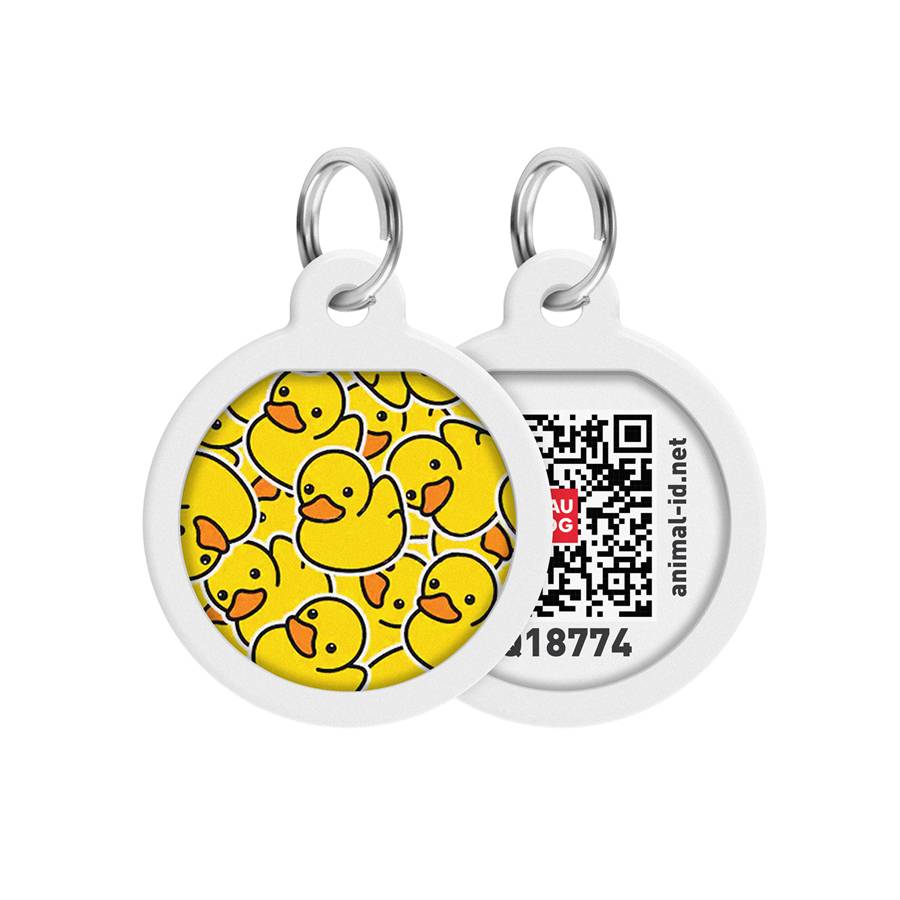 Адресник для собак та котів металічний WAUDOG Smart ID з QR паспортом, малюнок "Уточки", круг, Д 25 мм