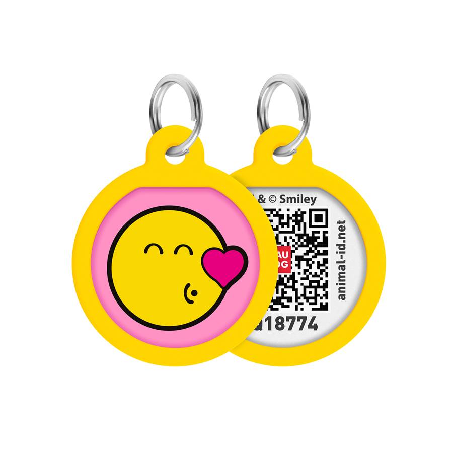 Адресник для собак і котів металевий WAUDOG Smart ID з QR паспортом, малюнок "Смайли на рожевому", коло, Д 25 мм