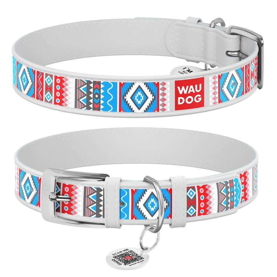 Нашийник для собак шкіряний WAUDOG Design з QR паспортом, малюнок "Етно", S, Ш 15 мм, Дов 26-35 см, білий