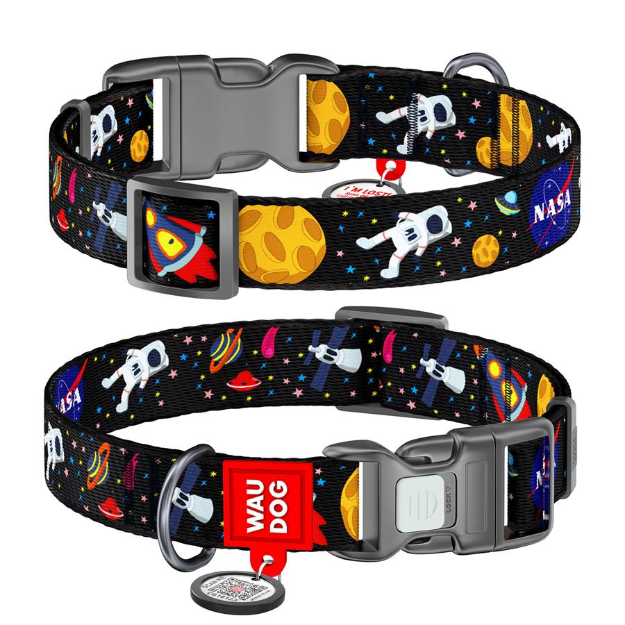 Нашийник для собак нейлоновий WAUDOG Nylon з QR паспортом, малюнок "NASA", пластиковий фастекс, Ш 25 мм, Дов 37-58 см