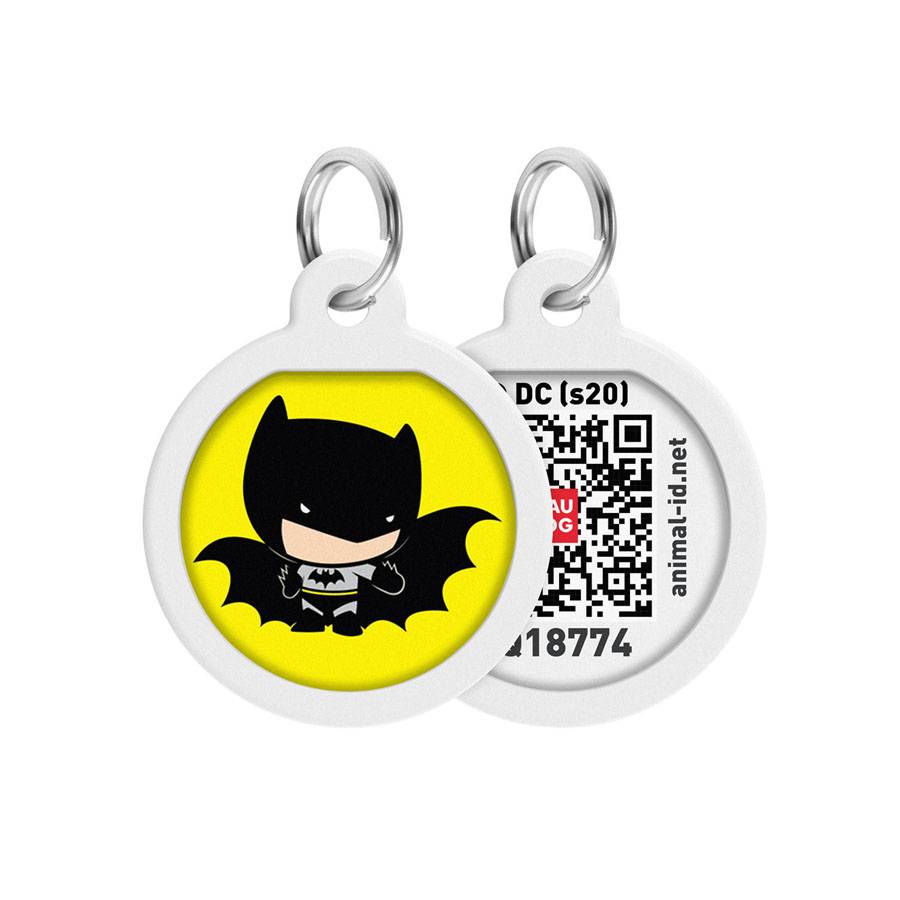 Адресник для собак та котів металічний WAUDOG Smart ID з QR паспортом, малюнок "Бетмен мультик", круг, Д 25 мм
