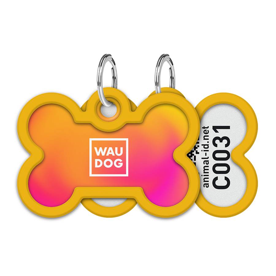 Адресник для собак і котів металевий WAUDOG Smart ID з QR паспортом, малюнок "Градієнт помаранчевий", кістка, Д 40 мм, Ш 28 мм
