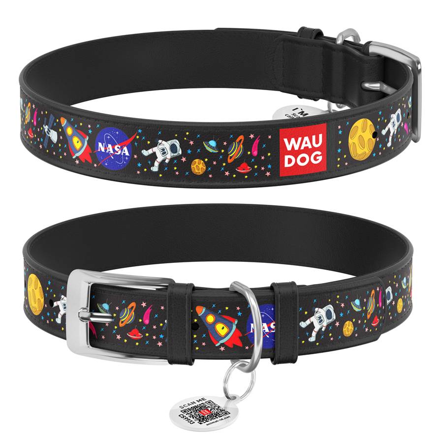 Нашийник для собак шкіряний WAUDOG Design з QR паспортом, малюнок "NASA", XXS, Ш 12 мм, Дов 18-24 см, чорний