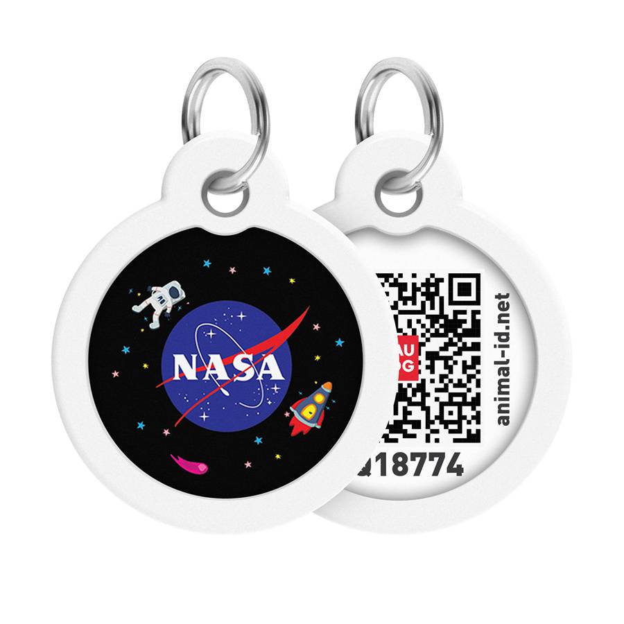 Адресник для собак і котів металевий WAUDOG Smart ID з QR паспортом, малюнок "NASA", коло, Д 30 мм
