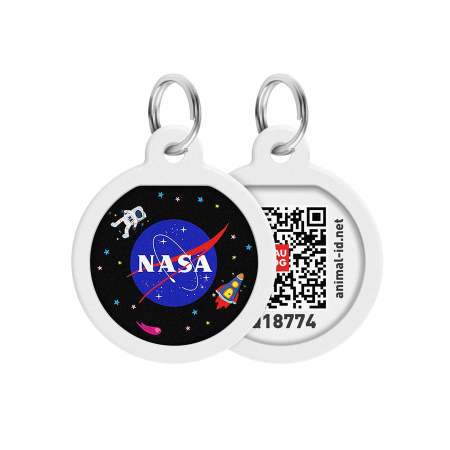 Адресник для собак та котів металічний WAUDOG Smart ID з QR паспортом, малюнок "NASA", круг, Д 25 мм