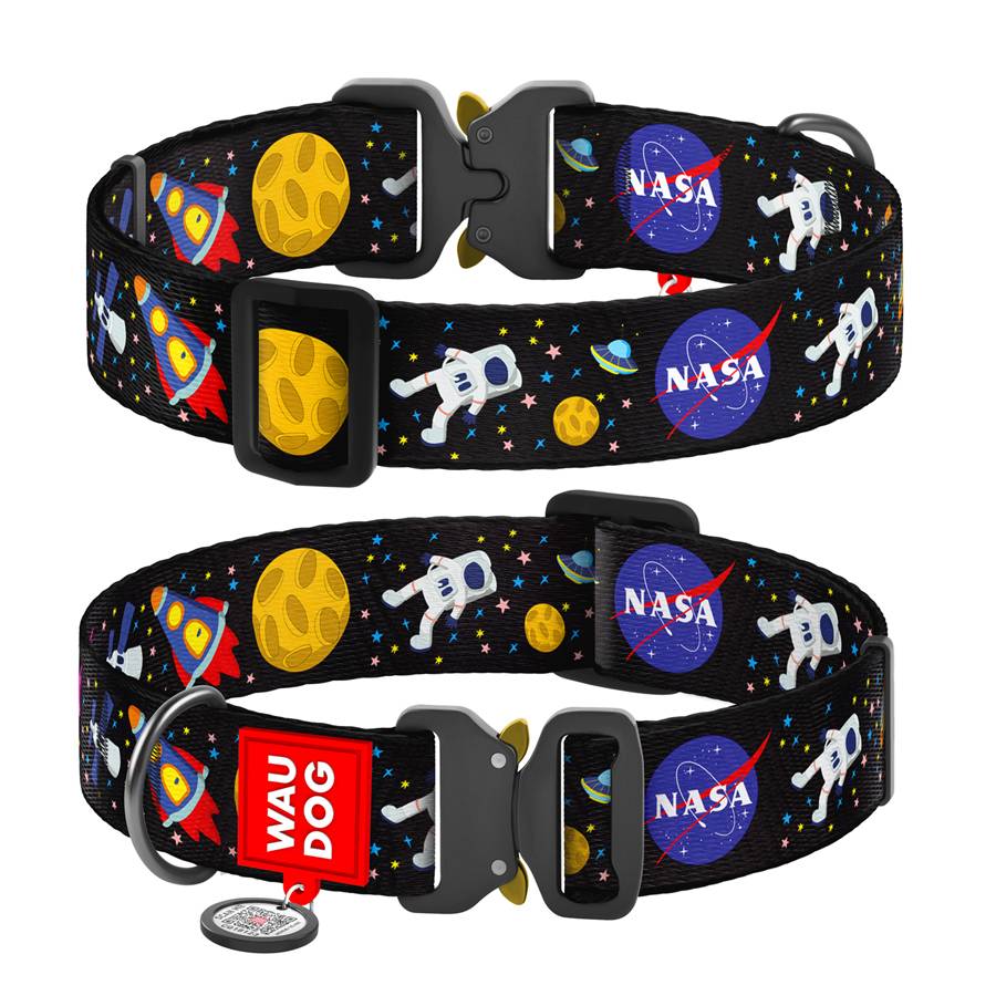 Нашийник для собак нейлоновий WAUDOG Nylon з QR паспортом, малюнок "NASA", металева пряжка-фастекс, XXL, Ш 35 мм, Д 46-70 см